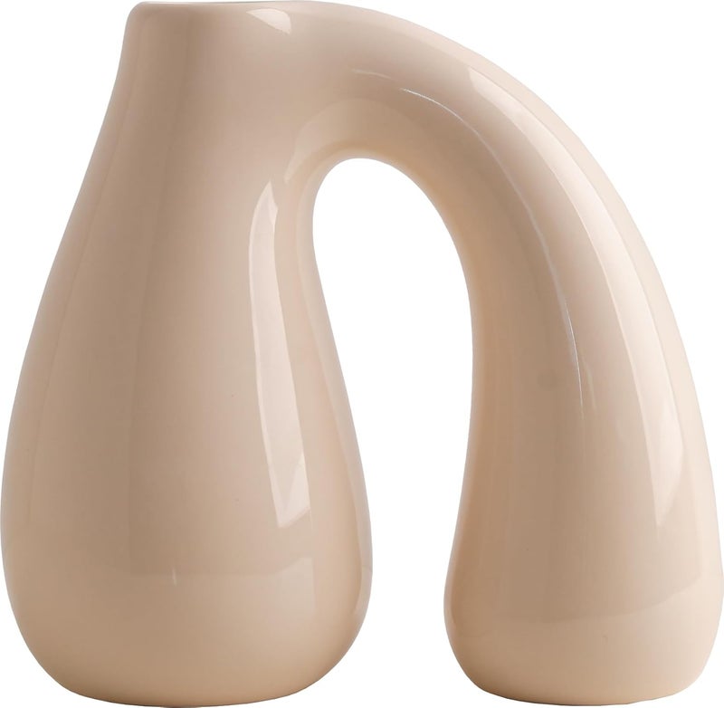 PROBENEX Cream White Ceramic Decorative Pitcher Vase, 7.5 in – Glossy Sculptural Arch-Handle, Modern Home Décor Accent for Fresh or Dried Floral Arrangements, Table/Shelf/Entryway, Giftable - Image 1